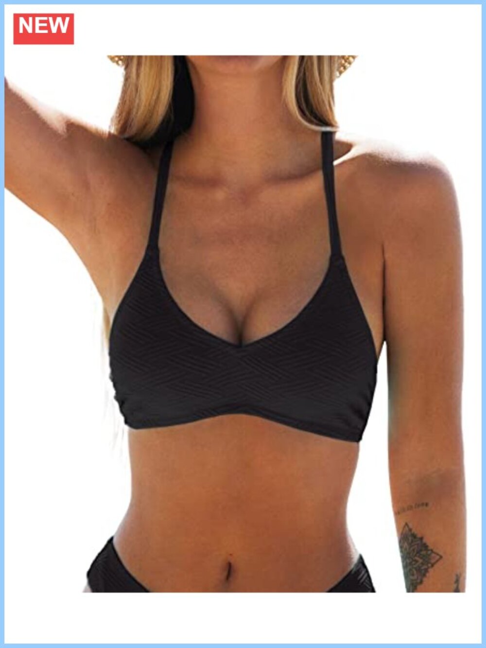 V Neck Textured Bikini Top Criss Cross Back Tie Swimsuit Beachwear